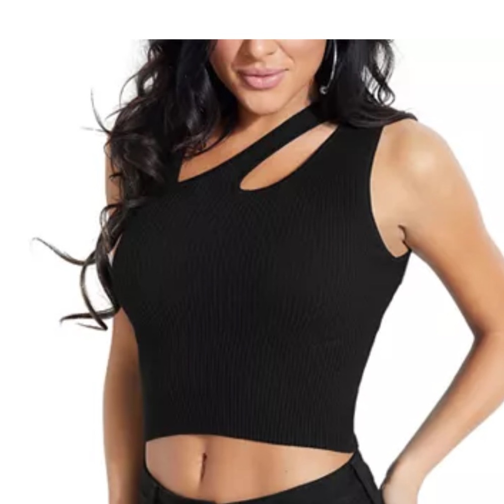 Small Black GUESS Cropped Tank Top with Cut Out Front Sexy Sleeveless Sweater
